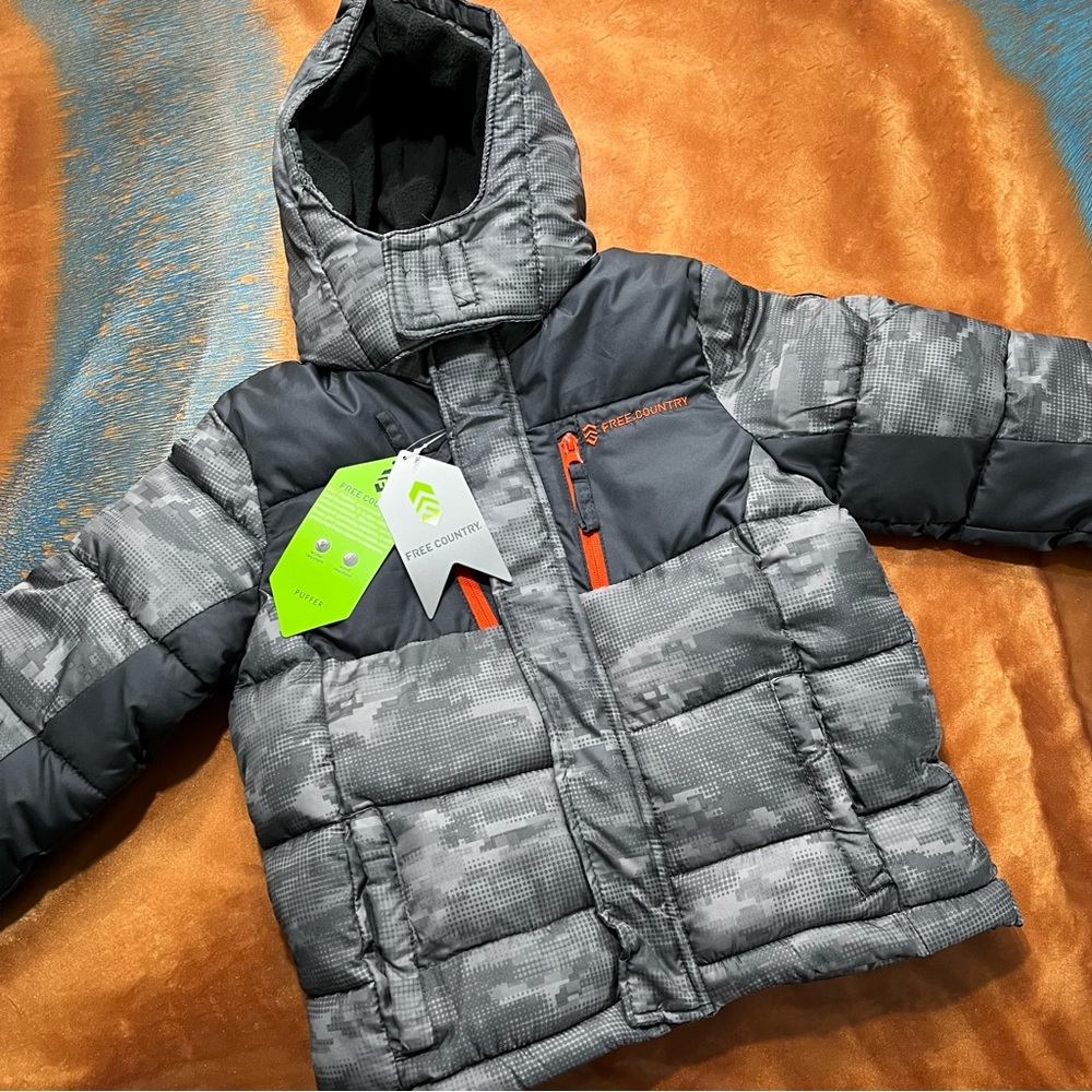 New Free Country Hooded Puffer Jacket Gray Black size 5/6